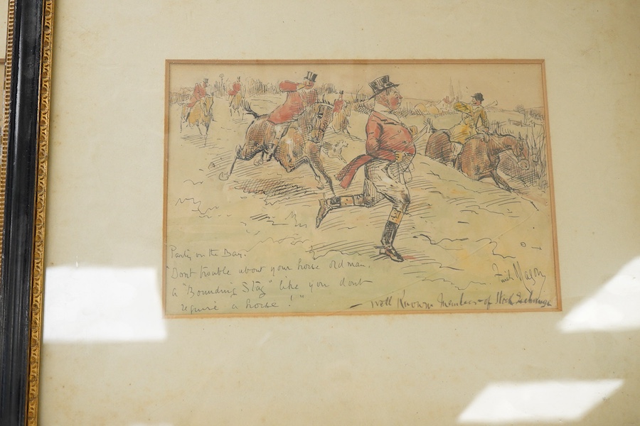 George Finch Mason (1850-1915), ‘Hallo, who’s the cornered bull now?’ and one other, each signed and inscribed in ink, pair of ink and watercolours, 15 x 22cm